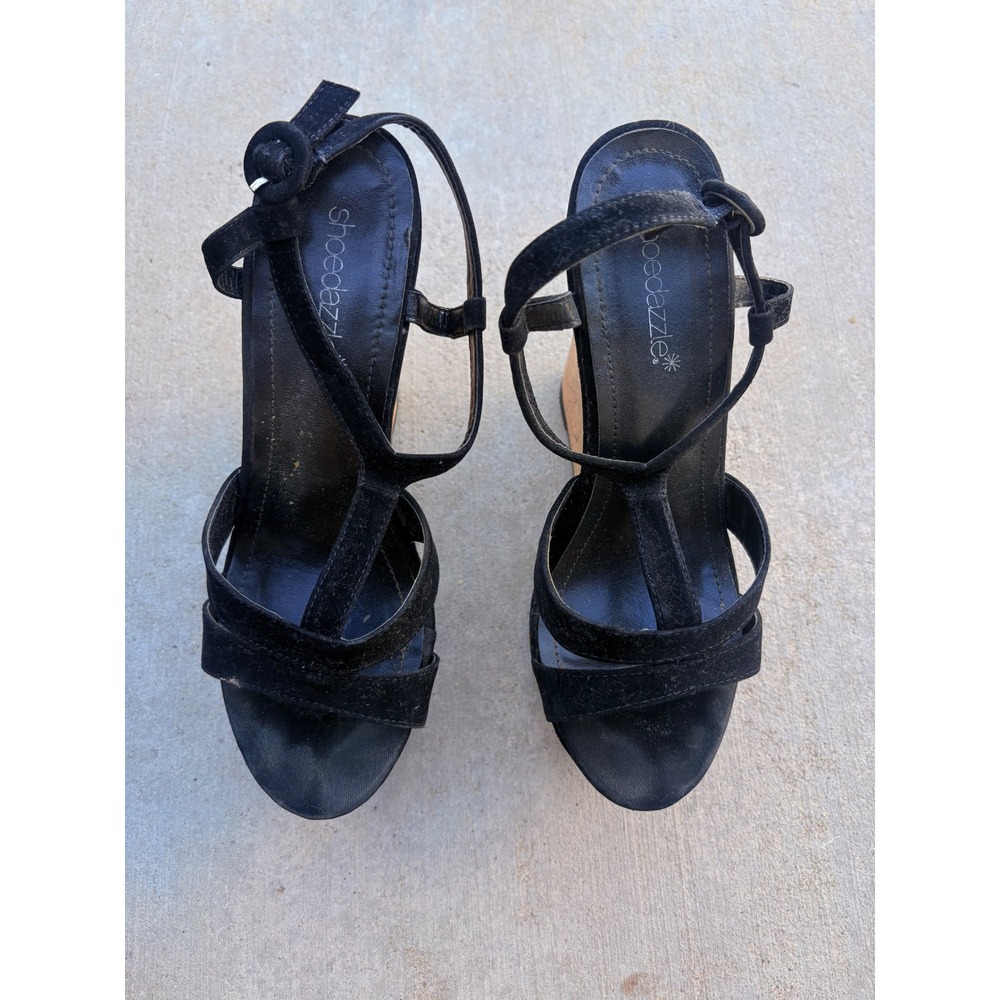 Y2K ShoeDazzle Black Faux Suede Cork Platform Wedge Sandals Ankle Strap Heel - Picture 2 of 5